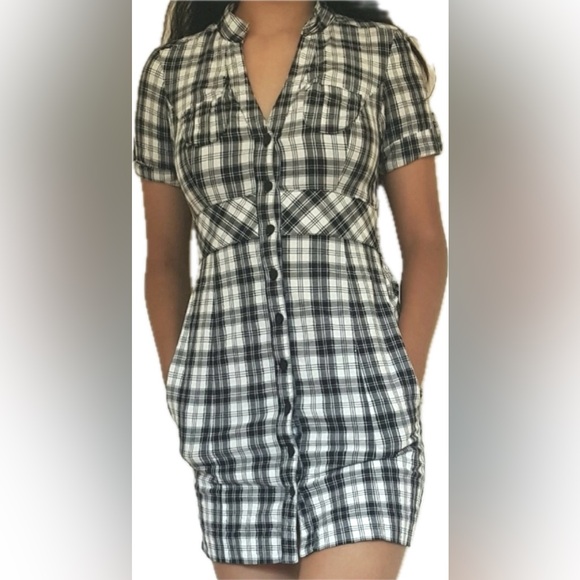 Y2K very light plaid mini shirt dress tunic black & white  large. - Picture 4 of 4